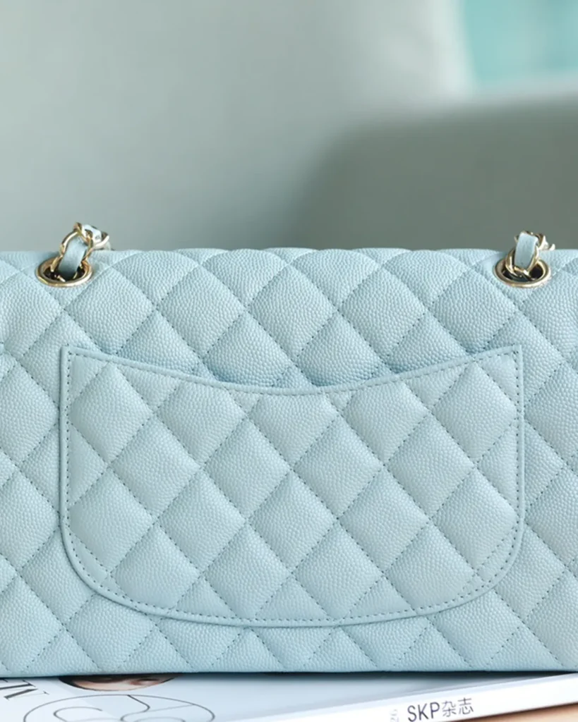 Pale Blue Quilted Gold-Tone Chain Flap Bag — rear view