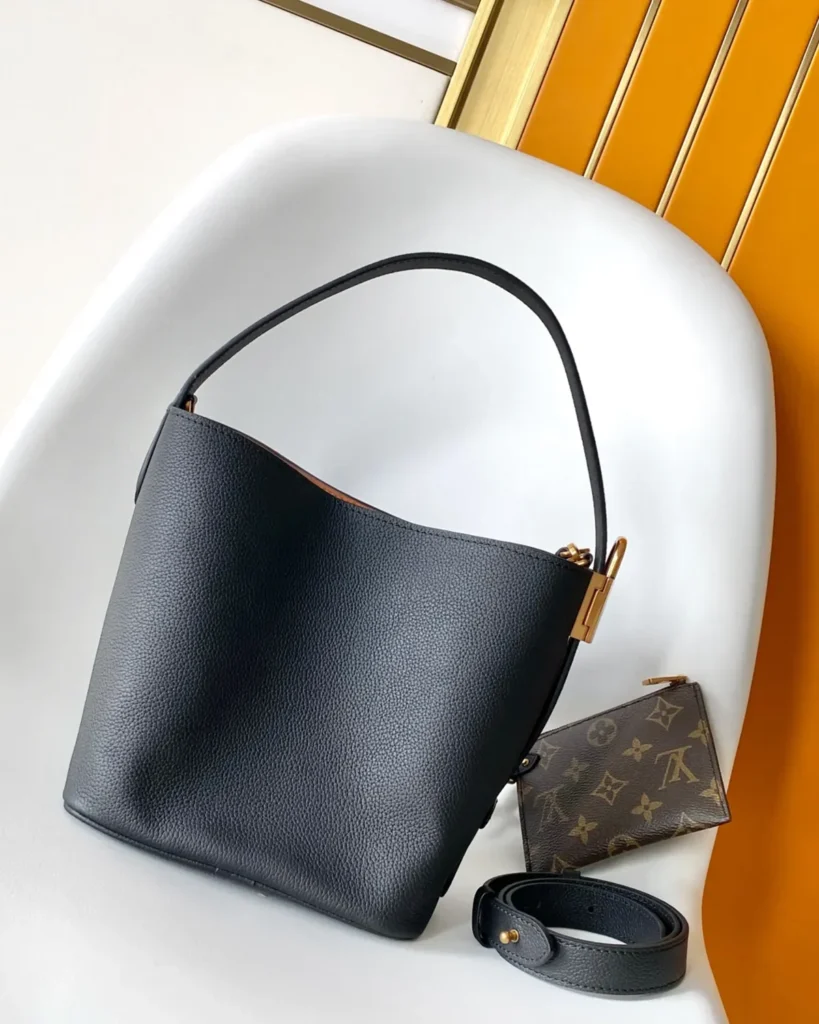 Black Curved Top Bucket Bag with Padlock — rear view