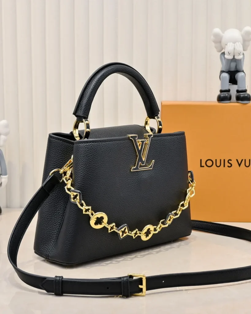 Black Floral-Chain Top-Handle Bag — angled front view