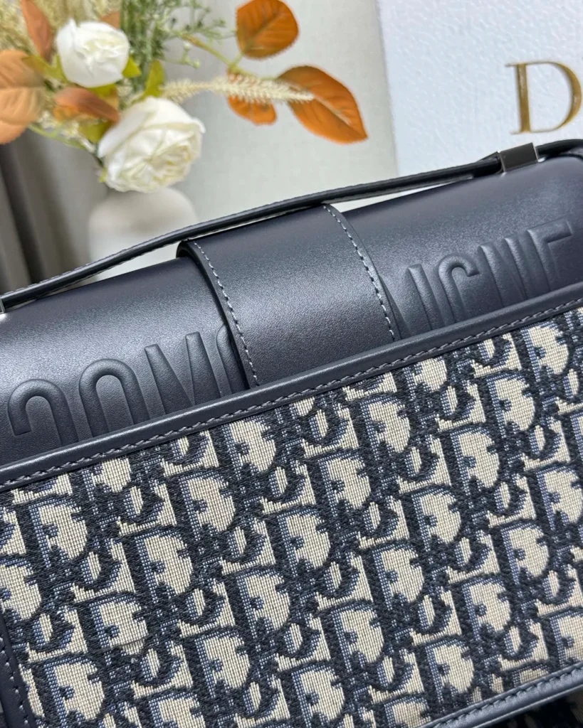 Navy Monogram Box Flap Bag — rear detail view