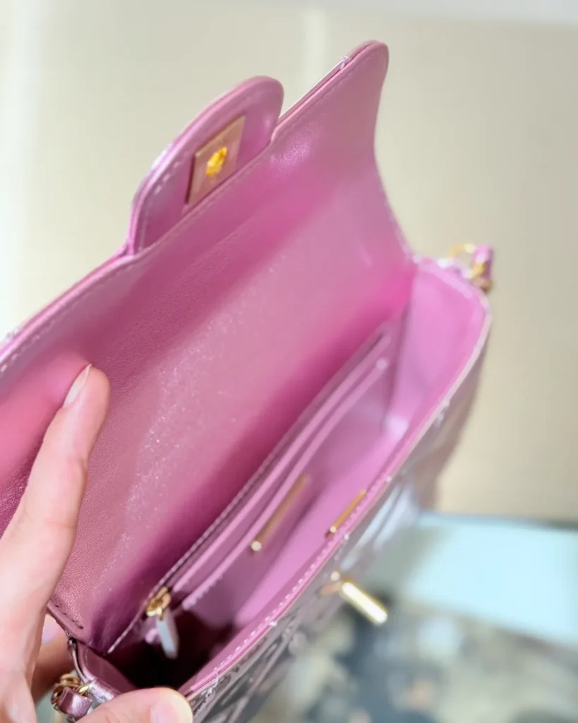 Metallic Pink Quilted Top-Handle Bag — open interior view