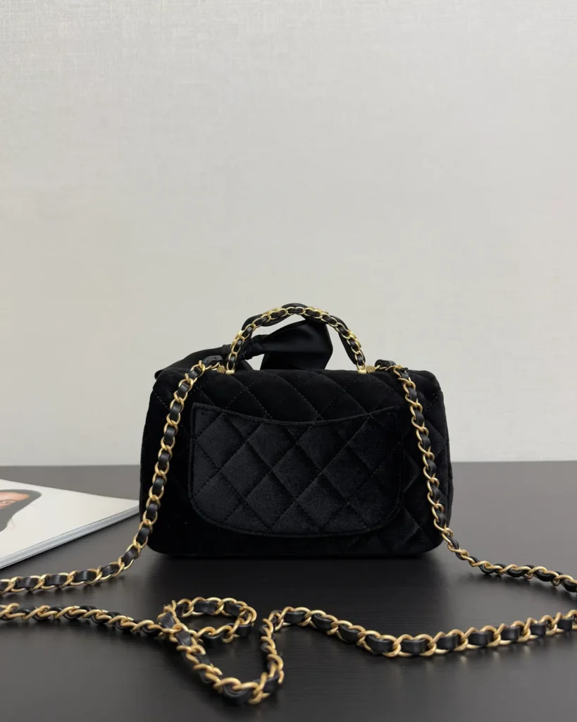Black Bow-Detail Quilted Top-Handle Bag — rear view