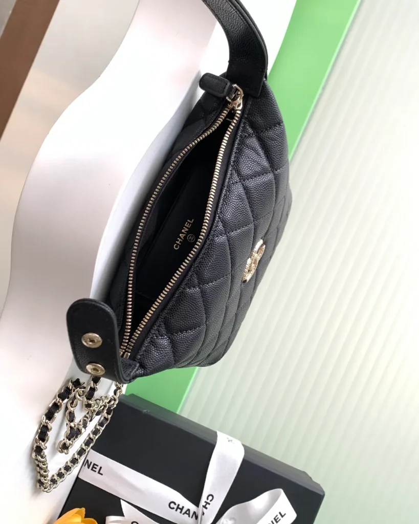 Black Quilted Short-Handle Shoulder Bag — open top view
