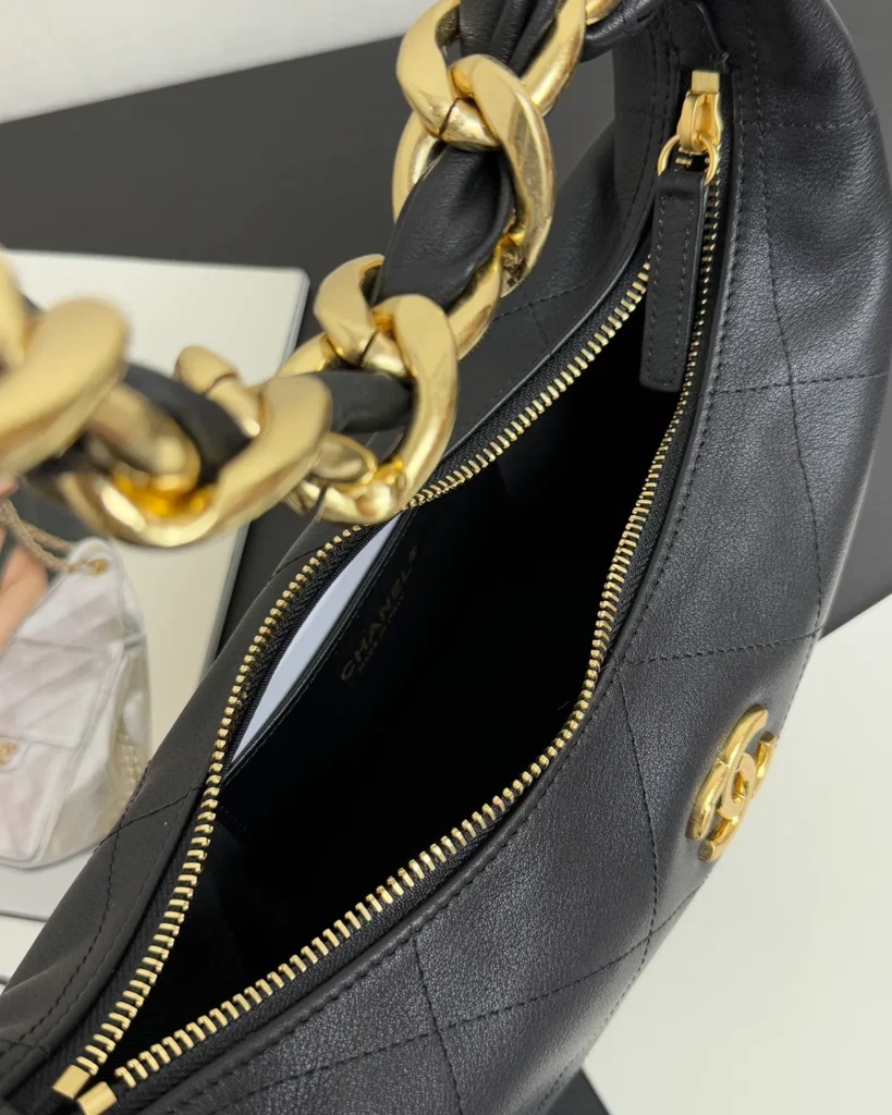 Black Quilted Chunky-Chain Hobo Bag — open top view