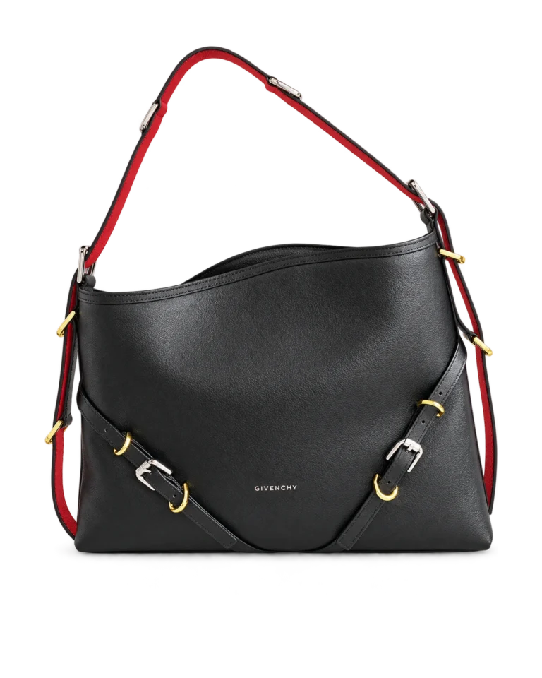 Black Red-Strap Buckle Shoulder Bag — upright front view
