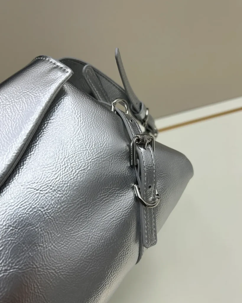 Silver Metallic Buckle Shoulder Bag — buckle detail