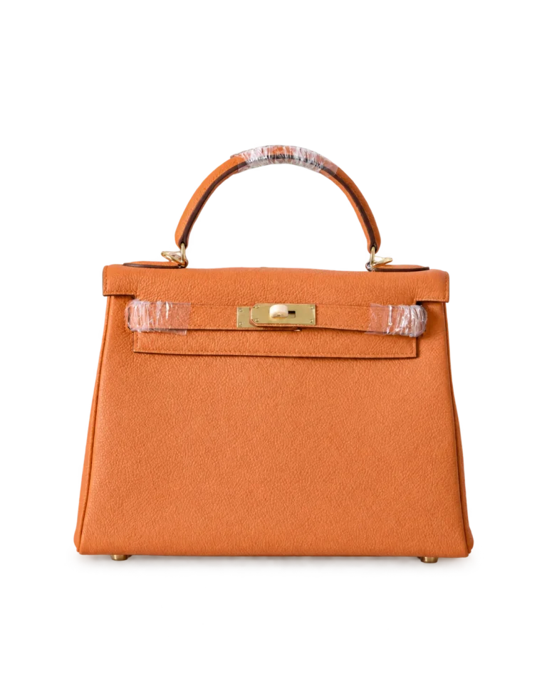 Kelly-Inspired 28 Orange Structured Top-Handle Bag, front with top handle