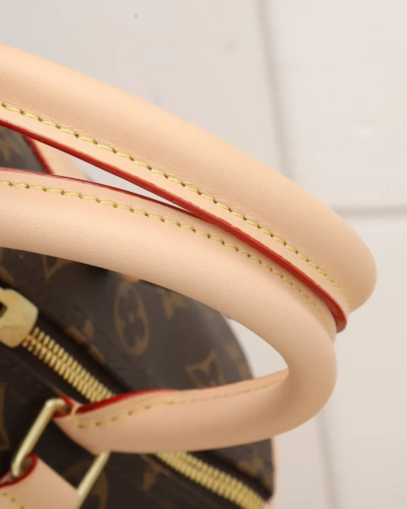 Brown Monogram Speedy-Inspired Boston Bag — handle detail view