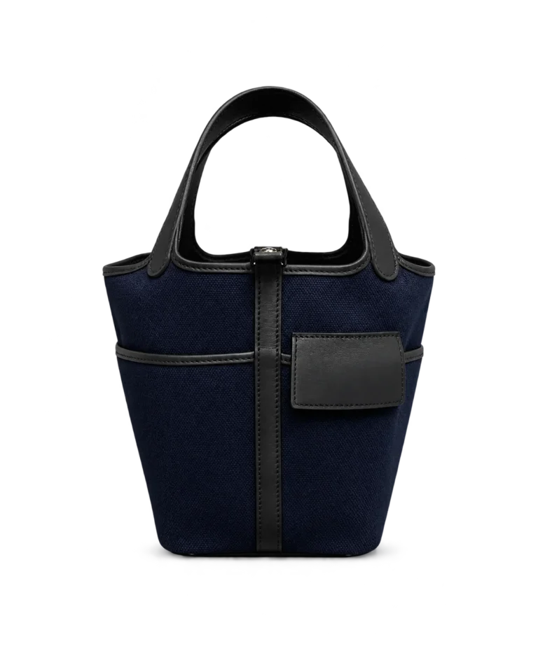 Picotin-Inspired Navy Textured Bucket Tote, front with hanging tag