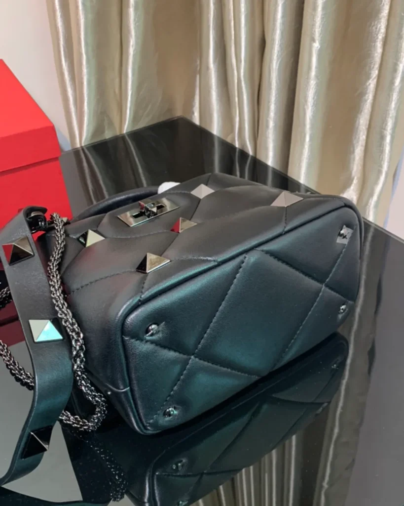 Black Diamond-Quilted Studded Top-Handle Bag — base view