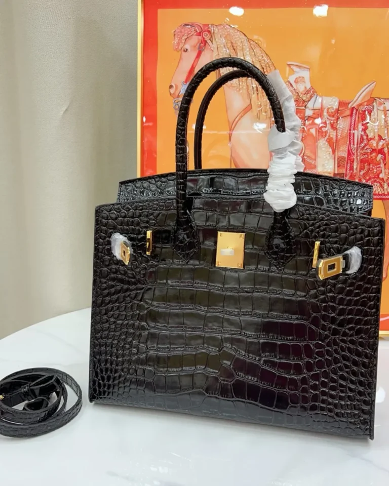 Black Glossy Scale-Texture Top-Handle Bag — open front view