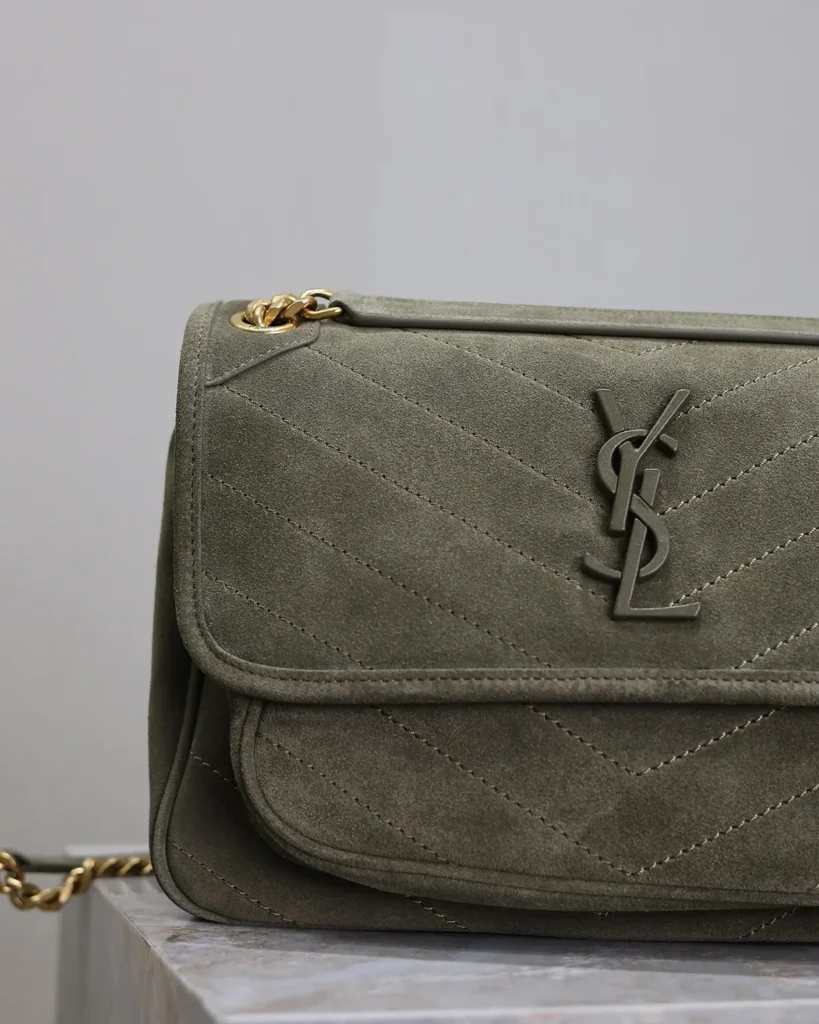 Olive Chevron Chain Flap Bag — logo detail view