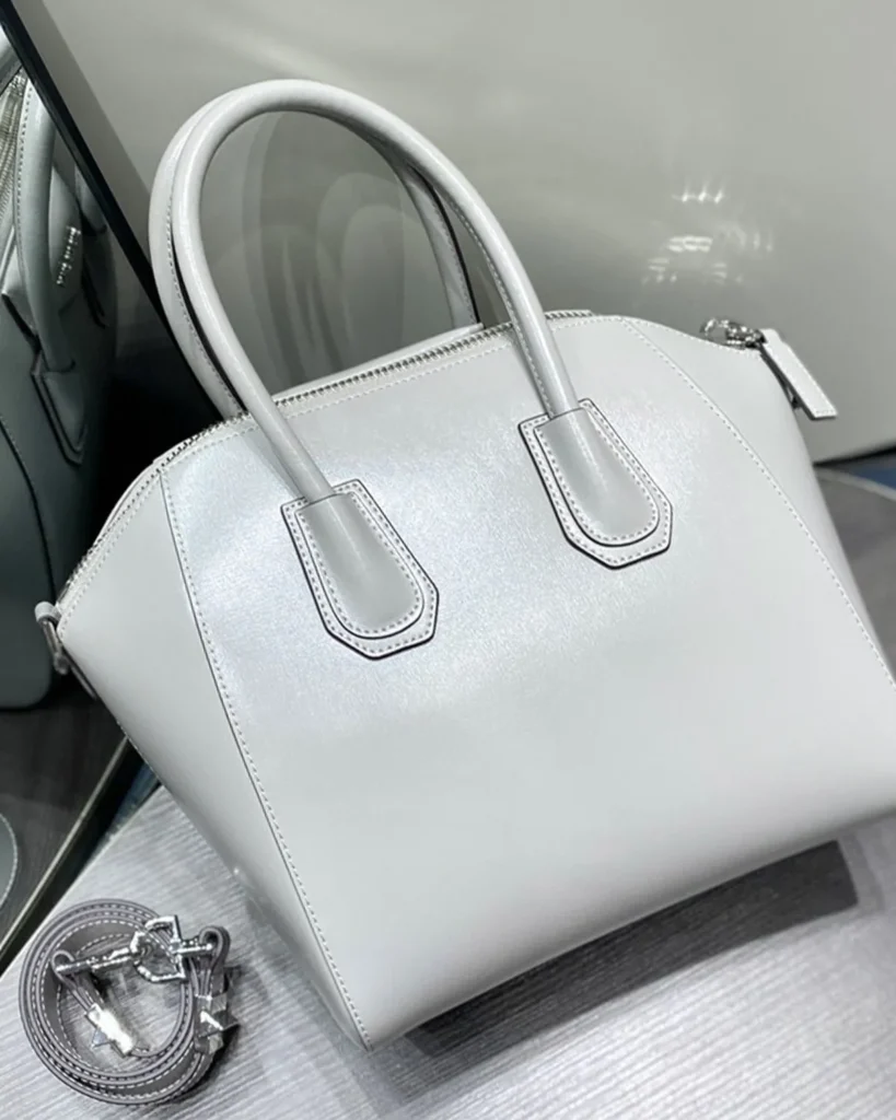 Pale Grey Architectural Top Handle Bag — rear view
