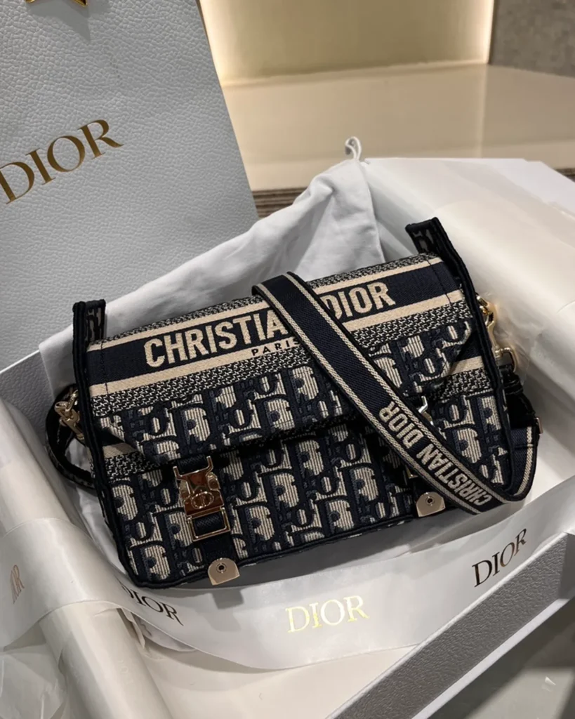 Navy Monogram Twin-Clasp Messenger Bag — front view