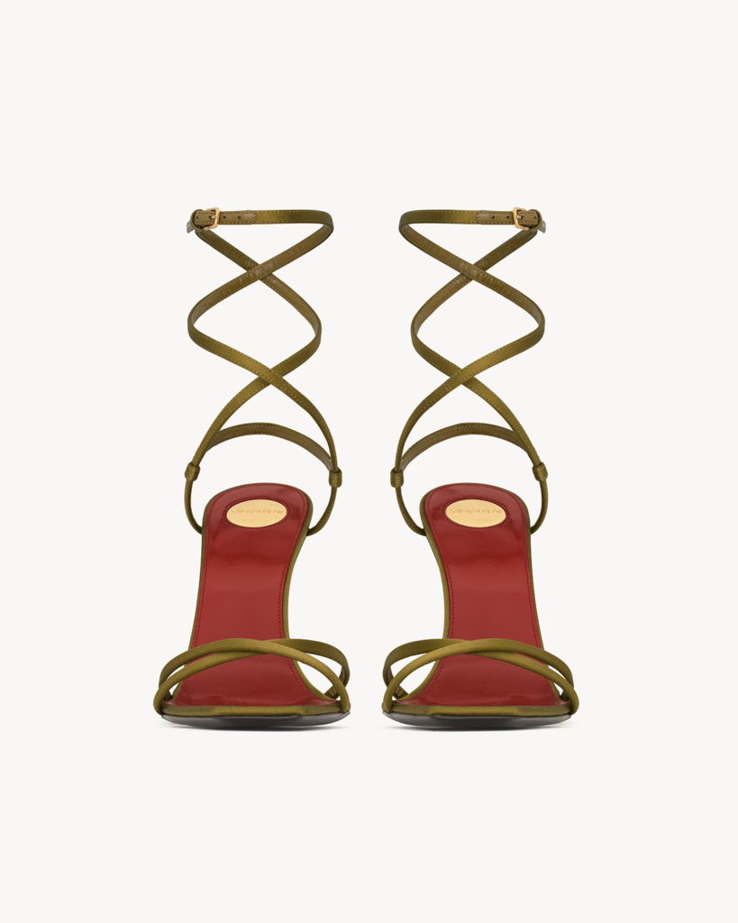 Olive Satin-Style Crisscross Sandals with Gold-Tone Cassandre-Style Heel — 3