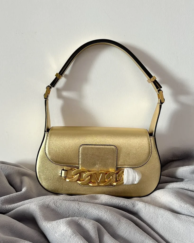 Metallic Gold-Tone Chain-Detail Shoulder Bag — upright front view
