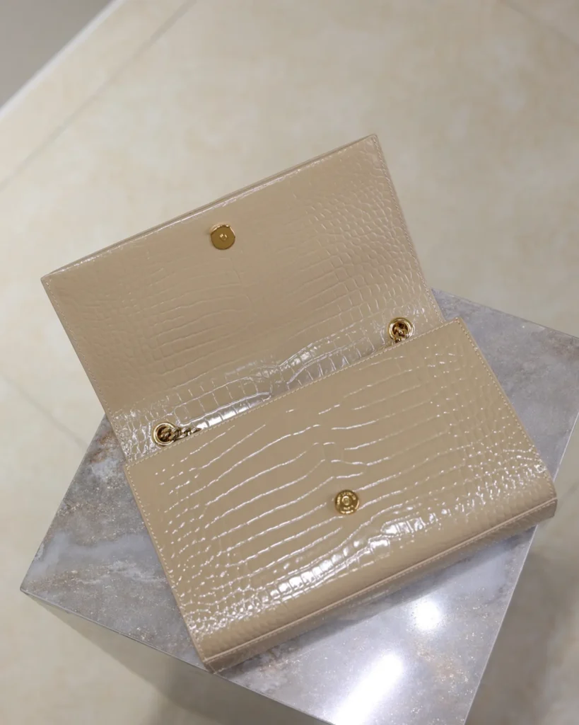 Taupe Embossed Tassel Chain Bag — open flap view