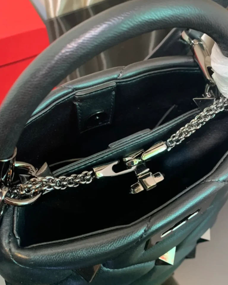 Black Diamond-Quilted Studded Top-Handle Bag — interior view