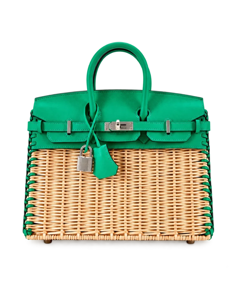 Birkin-Inspired 25 Green Woven Picnic Tote, front woven body and green trim