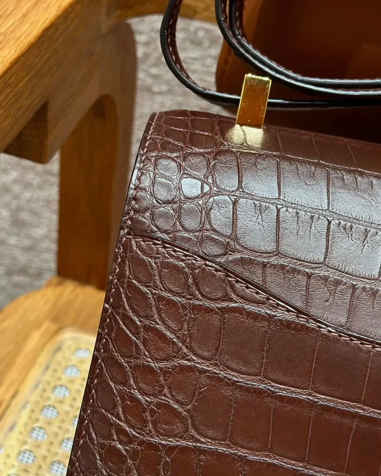 Close-up of brown scale-patterned rear panel and gold-tone strap fitting