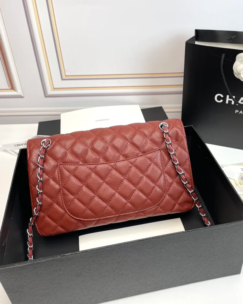 Rust Red Quilted Chain Flap Bag — rear view
