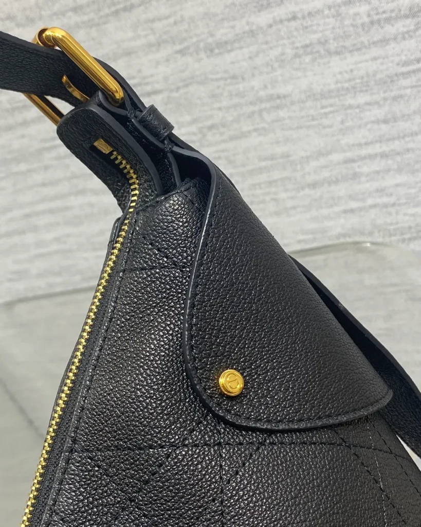 Black Soft Shoulder Bag with Letter Charms — zipper detail view