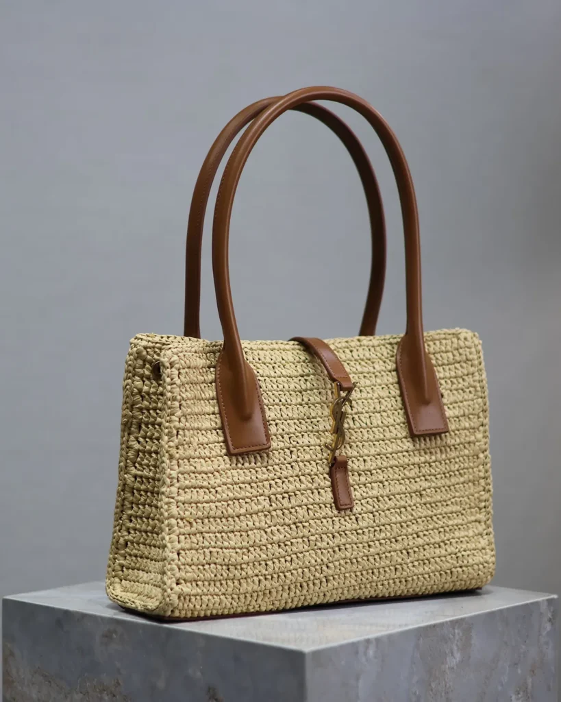 Natural-Tone Woven Tote with Brown Handles — angled front view