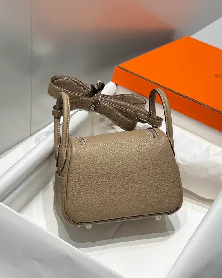 Lindy-Inspired Mini Taupe Crossbody Bag, rear panel and handle tabs
