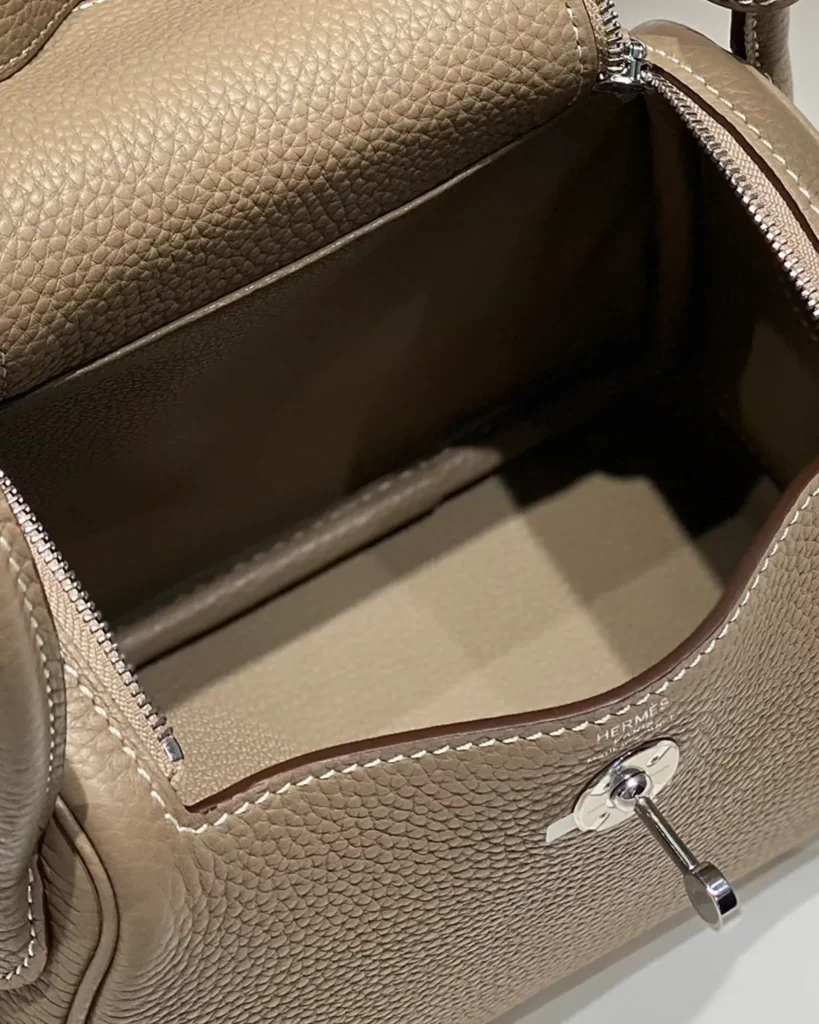 Lindy-Inspired Mini Taupe Crossbody Bag, open interior and inner pocket