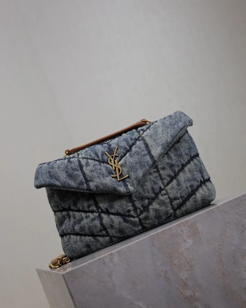 Washed-Blue Quilted Flap Bag — angled front view