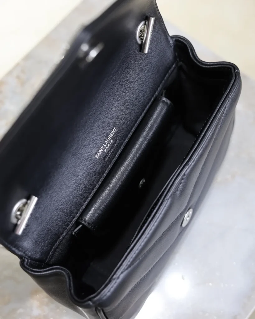 Black Chevron Flap Bag with Silver-Tone Chain — interior view