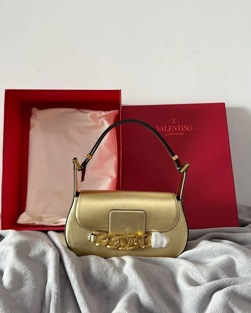 Metallic Gold-Tone Chain-Detail Shoulder Bag — front view