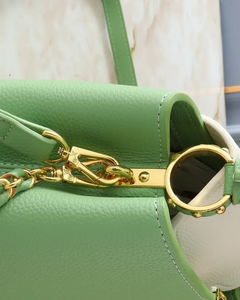 Green Cream-Accent Charm-Chain Bag — strap clip view