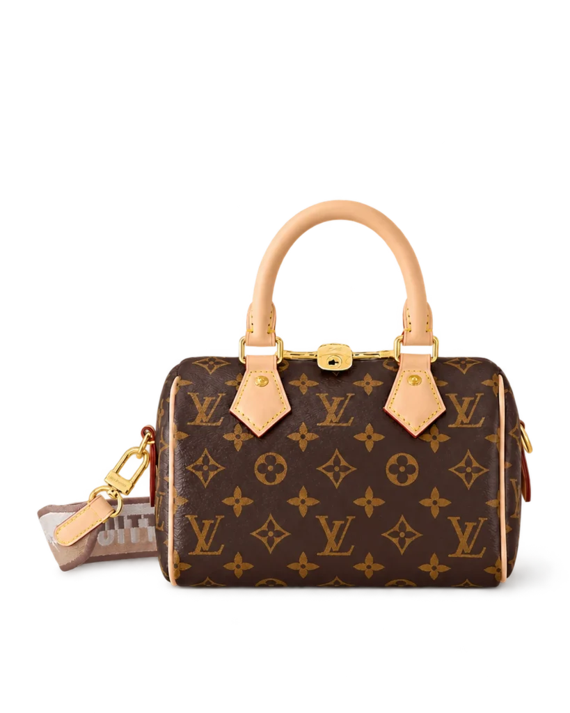 Brown Monogram Boston Bag with Wide Strap — upright front view