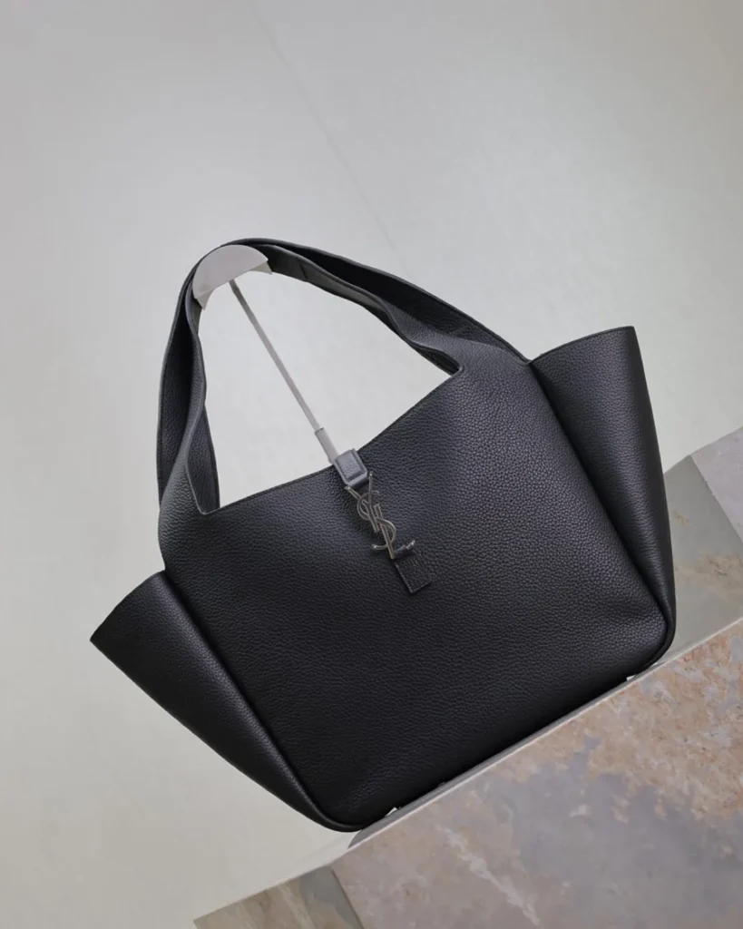 Black Grained-Look Wide Tote — angled front view
