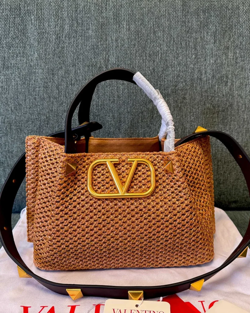 Tan Woven Top-Handle Tote — front view