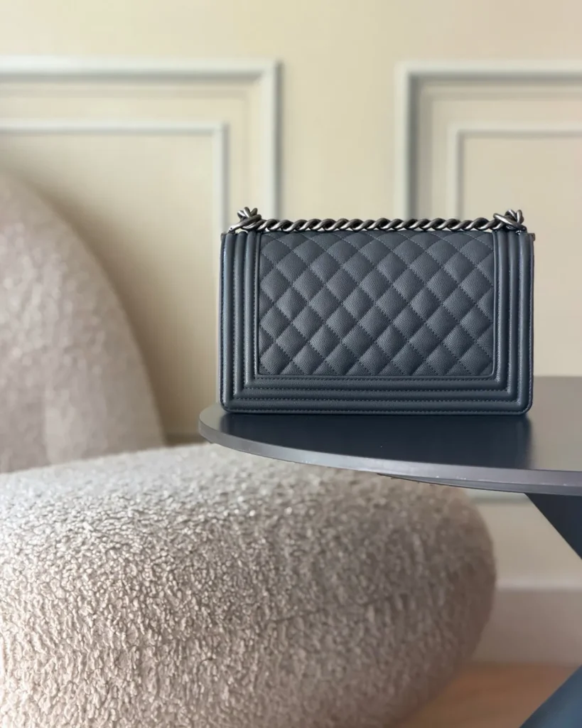 Charcoal Quilted Frame Flap Chain Bag — rear view
