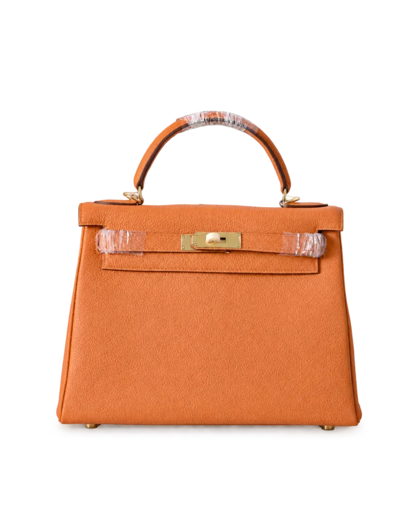 Kelly-Inspired 28 Orange Structured Top-Handle Bag, front with top handle