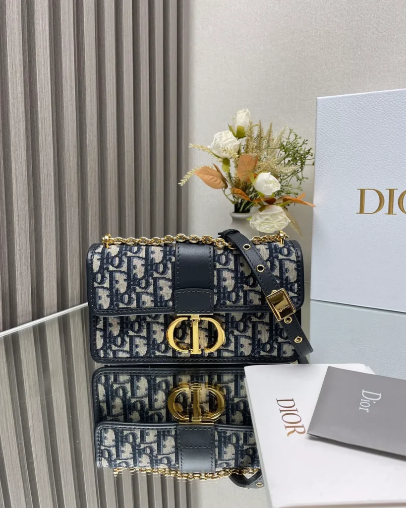 Navy Monogram Gold-Tone Chain Bag — front view