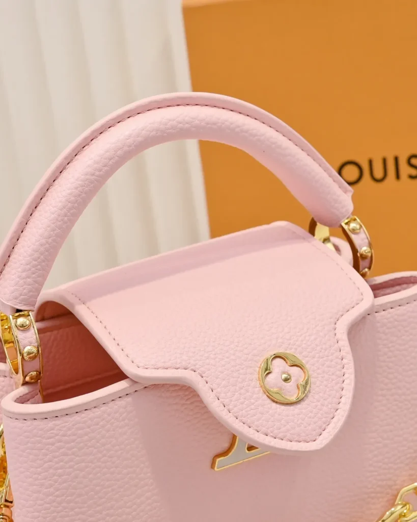 Pink Floral-Chain Top-Handle Bag — flap detail view