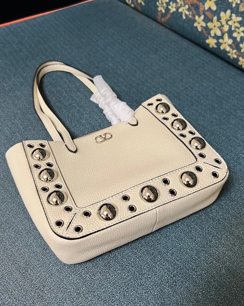 Cream Studded Long-Handle Tote — top view