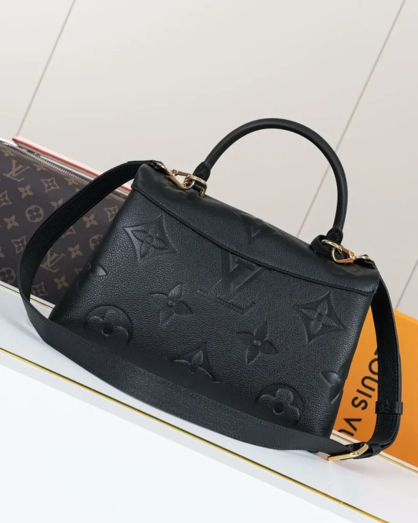 Black Embossed Flap Top Handle Bag — rear view