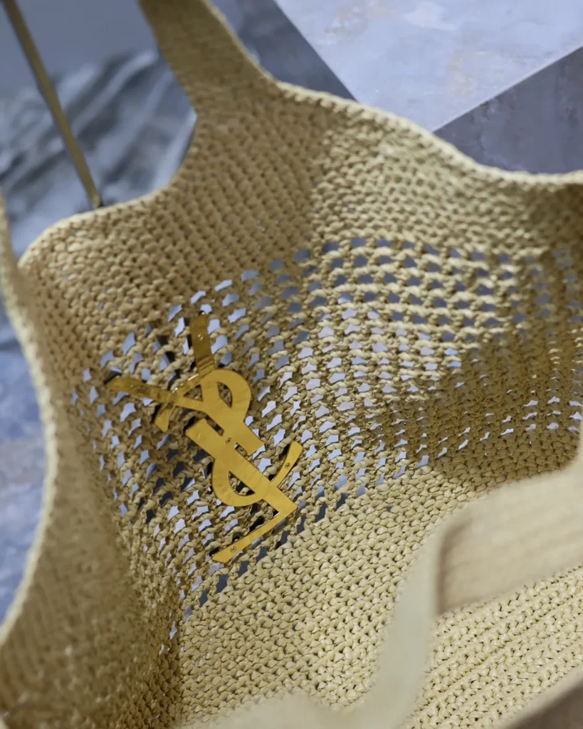 Natural-Tone Open-Weave Tote with Pouch — inner logo view