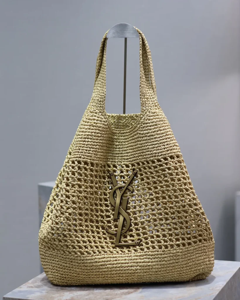Natural-Tone Open-Weave Tote with Pouch — side view