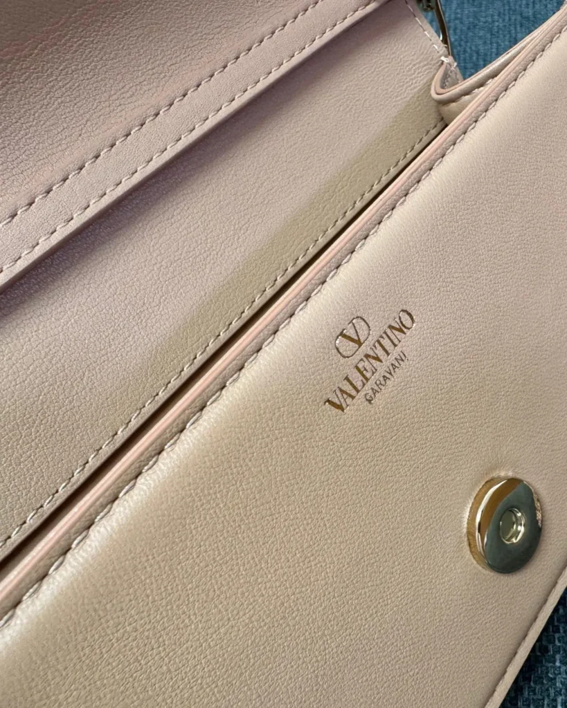 Beige Tonal-Ornament Flap Shoulder Bag — interior lettering view