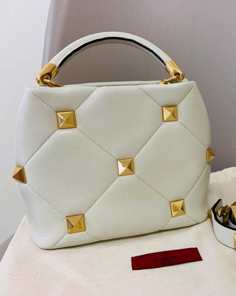 Ivory Diamond-Quilted Studded Top-Handle Bag — rear view