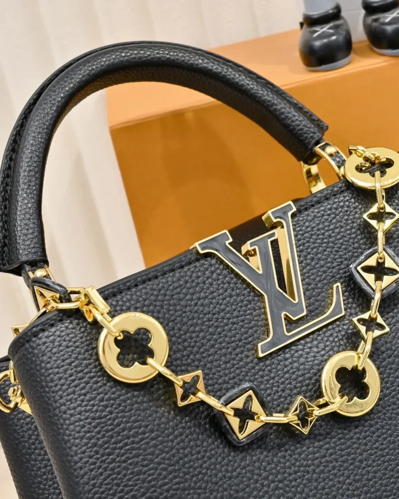 Black Floral-Chain Top-Handle Bag — chain detail view
