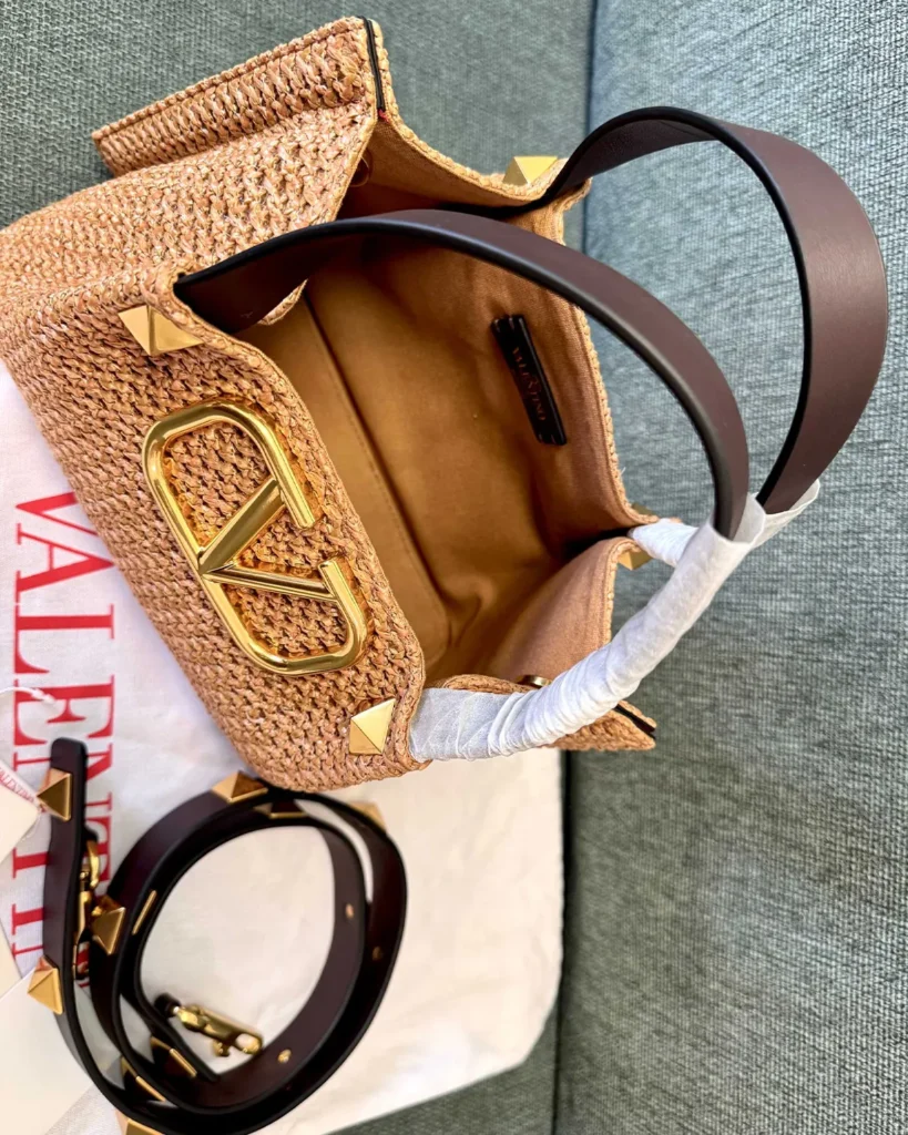 Tan Woven Top-Handle Tote — open top view