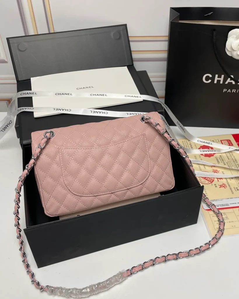 Pink Quilted Silver-Tone Chain Flap Bag — rear view
