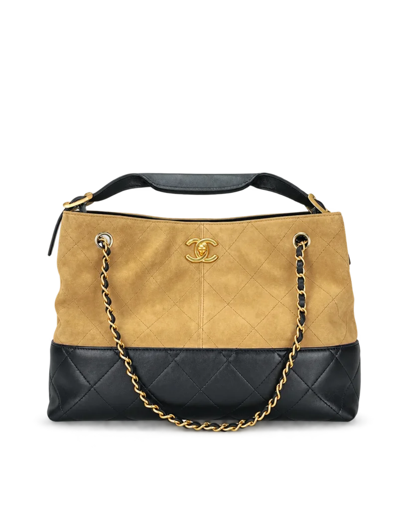 Tan and Black Quilted Chain Tote — main view
